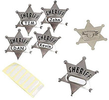 Load image into Gallery viewer, Western Party Cowboy Silver Metal Sheriff Badge Replica with Name Stickers - Pack of 12