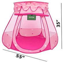 Load image into Gallery viewer, Pink Princess POP UP Tent with Carry Case. Girls Pink Playhouse with Mesh Siding, Stars and Red Hearts for Indoor/Outdoor Kids Playtime Activities – Lovely Birthday Gift for Her