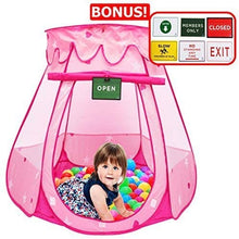 Load image into Gallery viewer, Pink Princess POP UP Tent with Carry Case. Girls Pink Playhouse with Mesh Siding, Stars and Red Hearts for Indoor/Outdoor Kids Playtime Activities – Lovely Birthday Gift for Her