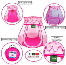 Load image into Gallery viewer, Pink Princess POP UP Tent with Carry Case. Girls Pink Playhouse with Mesh Siding, Stars and Red Hearts for Indoor/Outdoor Kids Playtime Activities – Lovely Birthday Gift for Her