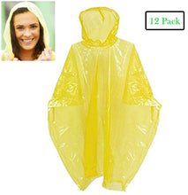 Load image into Gallery viewer, Playo 12 Pack Yellow Rain Poncho with Hood - Disposable Emergency Raincoat Ponchos for Men, Women & Teens - Concerts, Amusement Parks, Camping
