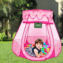 Load image into Gallery viewer, Pink Princess POP UP Tent with Carry Case. Girls Pink Playhouse with Mesh Siding, Stars and Red Hearts for Indoor/Outdoor Kids Playtime Activities – Lovely Birthday Gift for Her