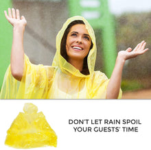 Load image into Gallery viewer, Playo 12 Pack Yellow Rain Poncho with Hood - Disposable Emergency Raincoat Ponchos for Men, Women & Teens - Concerts, Amusement Parks, Camping
