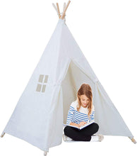 Load image into Gallery viewer, PlayO White Canvas Tepee Kids Tent. Classic Indian Teepee Play Hut for Children. Kids Playhouse for Indoor/Outdoor Fun Activities. Great Birthday Gift for Girl or Boy