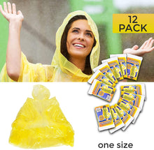 Load image into Gallery viewer, Playo 12 Pack Yellow Rain Poncho with Hood - Disposable Emergency Raincoat Ponchos for Men, Women & Teens - Concerts, Amusement Parks, Camping