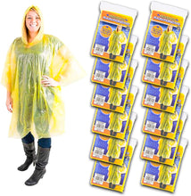 Load image into Gallery viewer, Playo 12 Pack Yellow Rain Poncho with Hood - Disposable Emergency Raincoat Ponchos for Men, Women & Teens - Concerts, Amusement Parks, Camping