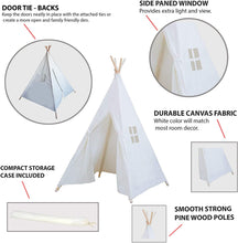 Load image into Gallery viewer, PlayO White Canvas Tepee Kids Tent. Classic Indian Teepee Play Hut for Children. Kids Playhouse for Indoor/Outdoor Fun Activities. Great Birthday Gift for Girl or Boy