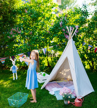 Load image into Gallery viewer, PlayO White Canvas Tepee Kids Tent. Classic Indian Teepee Play Hut for Children. Kids Playhouse for Indoor/Outdoor Fun Activities. Great Birthday Gift for Girl or Boy