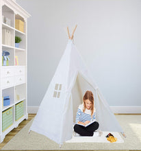 Load image into Gallery viewer, PlayO White Canvas Tepee Kids Tent. Classic Indian Teepee Play Hut for Children. Kids Playhouse for Indoor/Outdoor Fun Activities. Great Birthday Gift for Girl or Boy