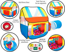 Load image into Gallery viewer, PlayO Childrens Play Tent with Crawling Tunnel and Carry Case. Popup Kids Playhouse for Indoor/Outdoor Fun Activities. Great Birthday Gift for Girl or Boy