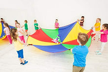 Load image into Gallery viewer, PlayO Colorful 12-Foot Play Parachute for Kids with 8 Handles. Childrens Wind Parachute Canopy Tent for Outdoor Fun Activities. Great for Play Groups, Schools, Picnics and Party Games.