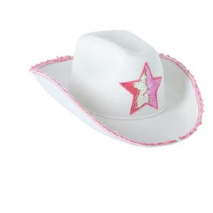 Kids' Western White Cowboy Hat with Sequin Trim and Pink Star